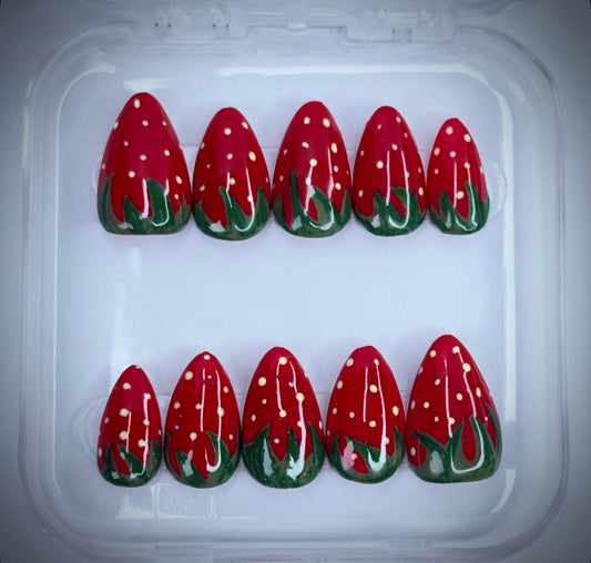 Strawberry bunch! Handmade, durable, short almond length nails 10pc