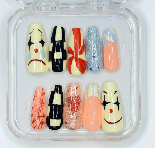 Spooky Circus! Clown themed handmade,reusable press on nails pcs 10pc