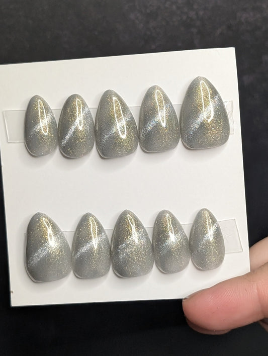 Silver with gold accent cat eye reusable handmade press-on nails 10pc