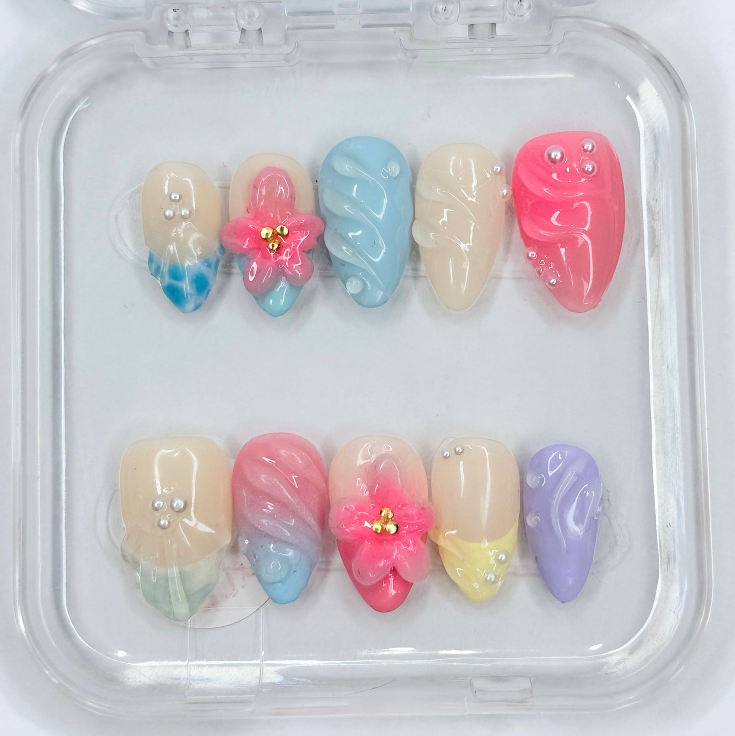 Beachy Bae, Beach themed reusable short almond press on nails