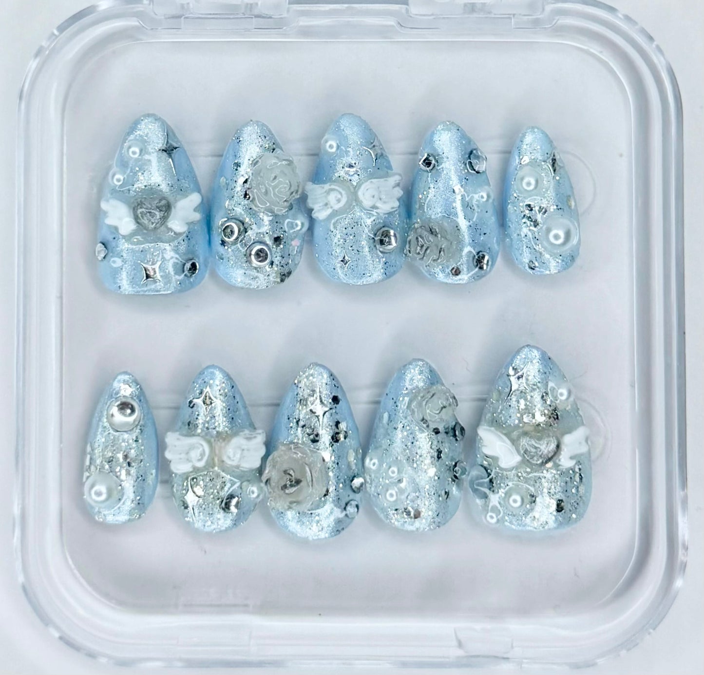 Sparkly angel, Short almond reusable handmade press on nails