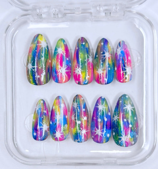 Confetti Galaxy, FUN COLORFUL handmade, rainbow press on nails. 10pc￼