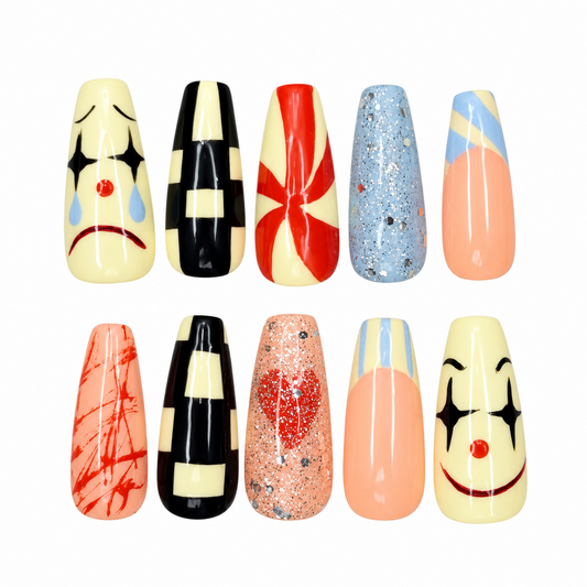 Spooky Circus! Clown themed handmade,reusable press on nails pcs 10pc