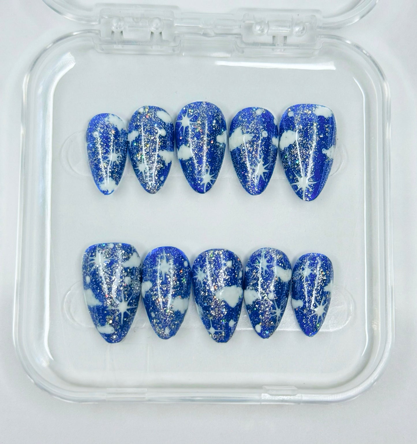 Cloudy Night dark blue sparkly Cloud, reusable press on nails 10pc