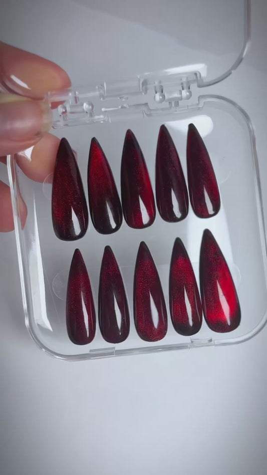 Vampire Claws! Gothic ,Cat eye effect blood red, Reusable press on nails 10pc