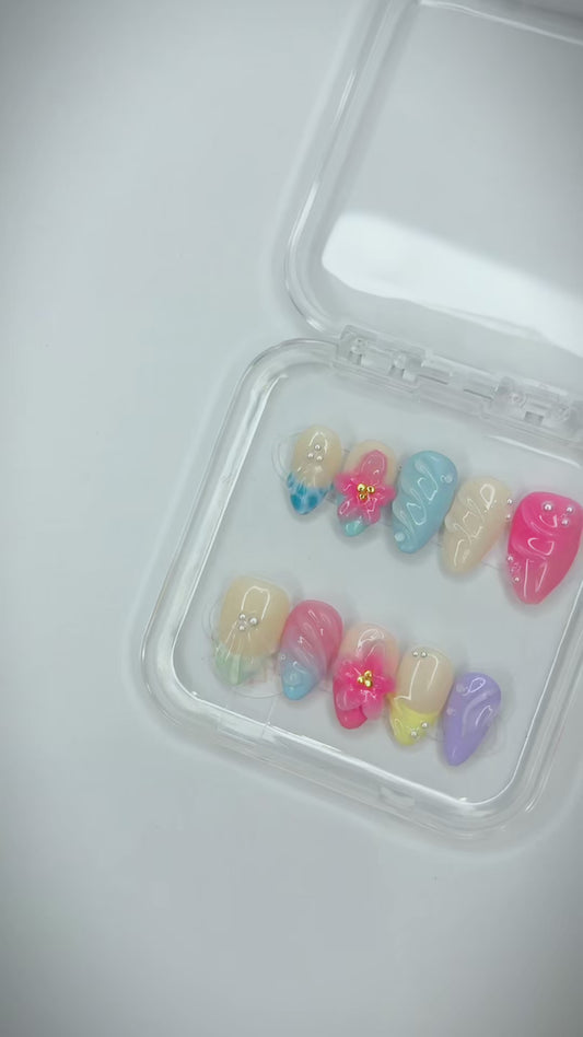 Beachy Bae, Beach themed reusable short almond press on nails
