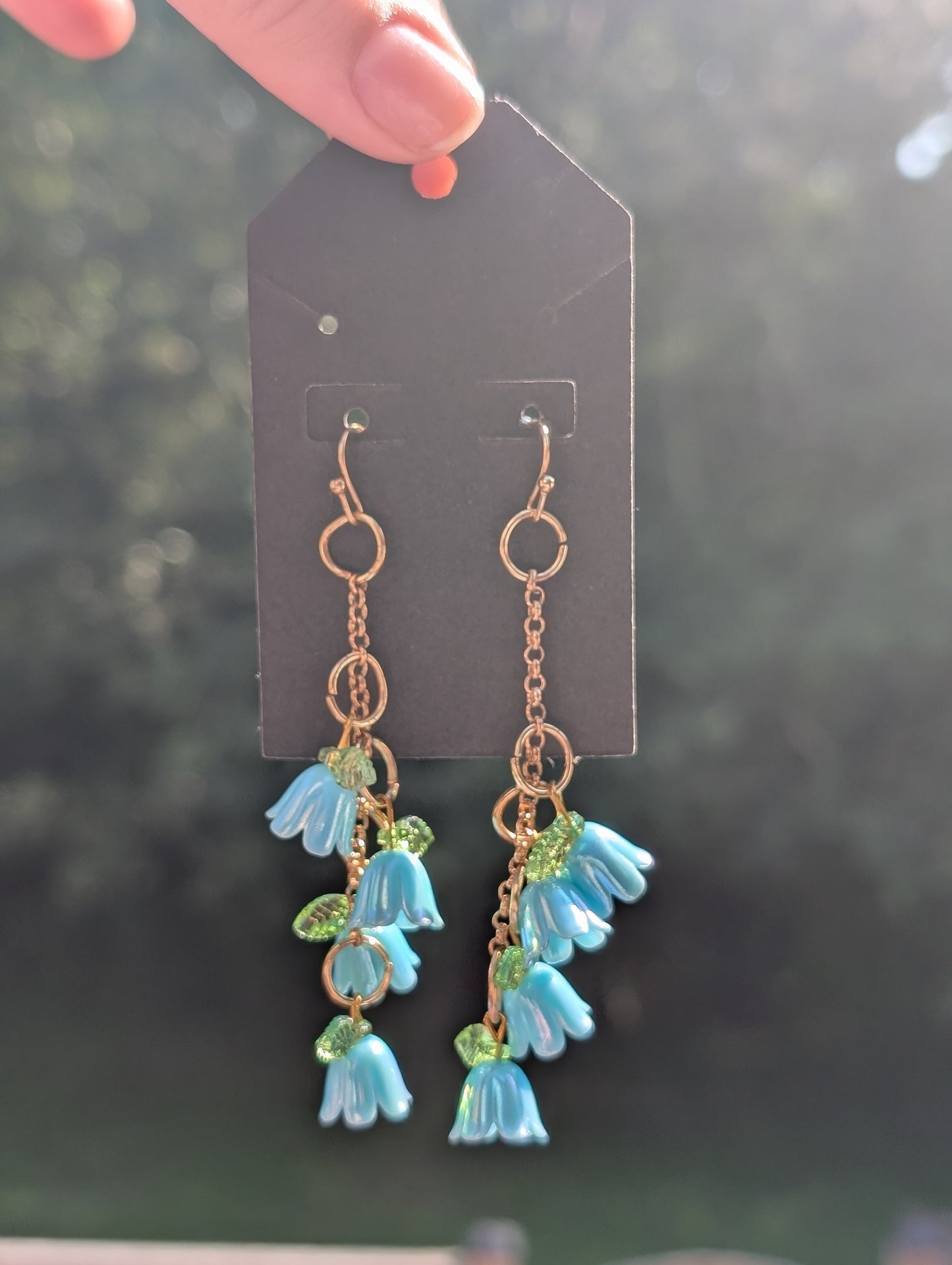 Whimsical, Gold accent Blue flower earrings
