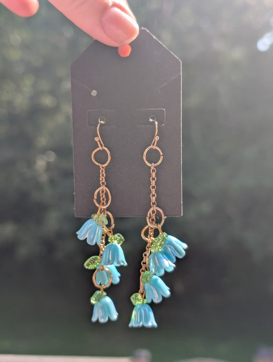 Whimsical, Gold accent Blue flower earrings