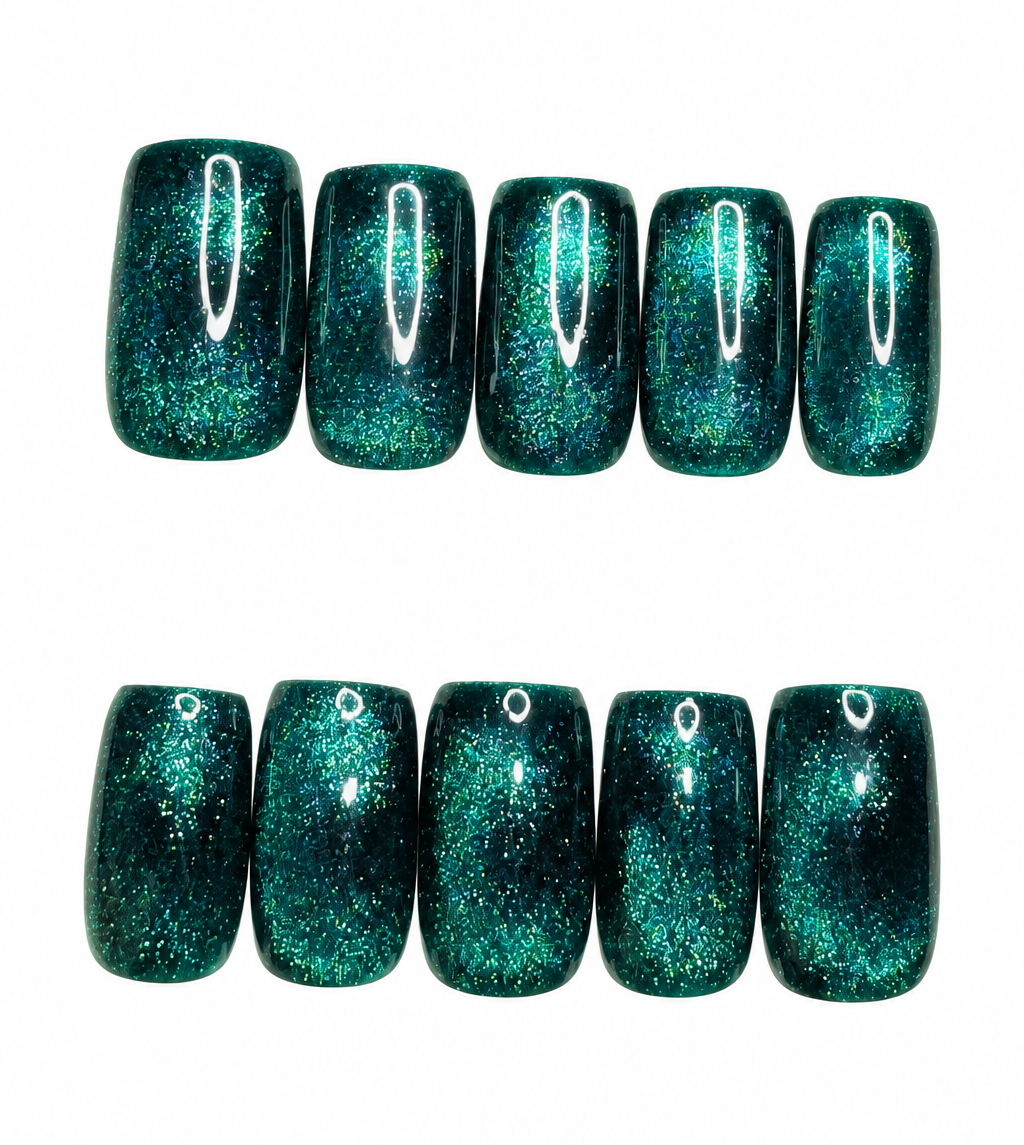 Green cat eye handmade reusable press-on nails 10pc